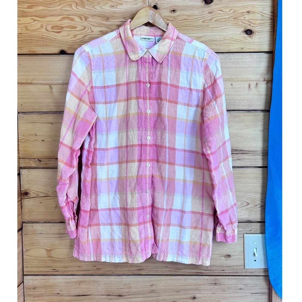 Cherokee Brand Vintage Pink Orange Plaid 100% Linen Button Down Shirt Mens Large